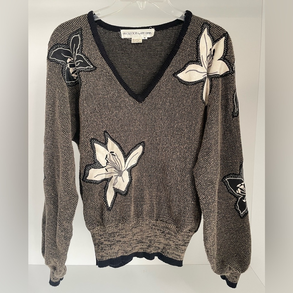 Vintage Silk Floral Appliqué V-Neck Sweater